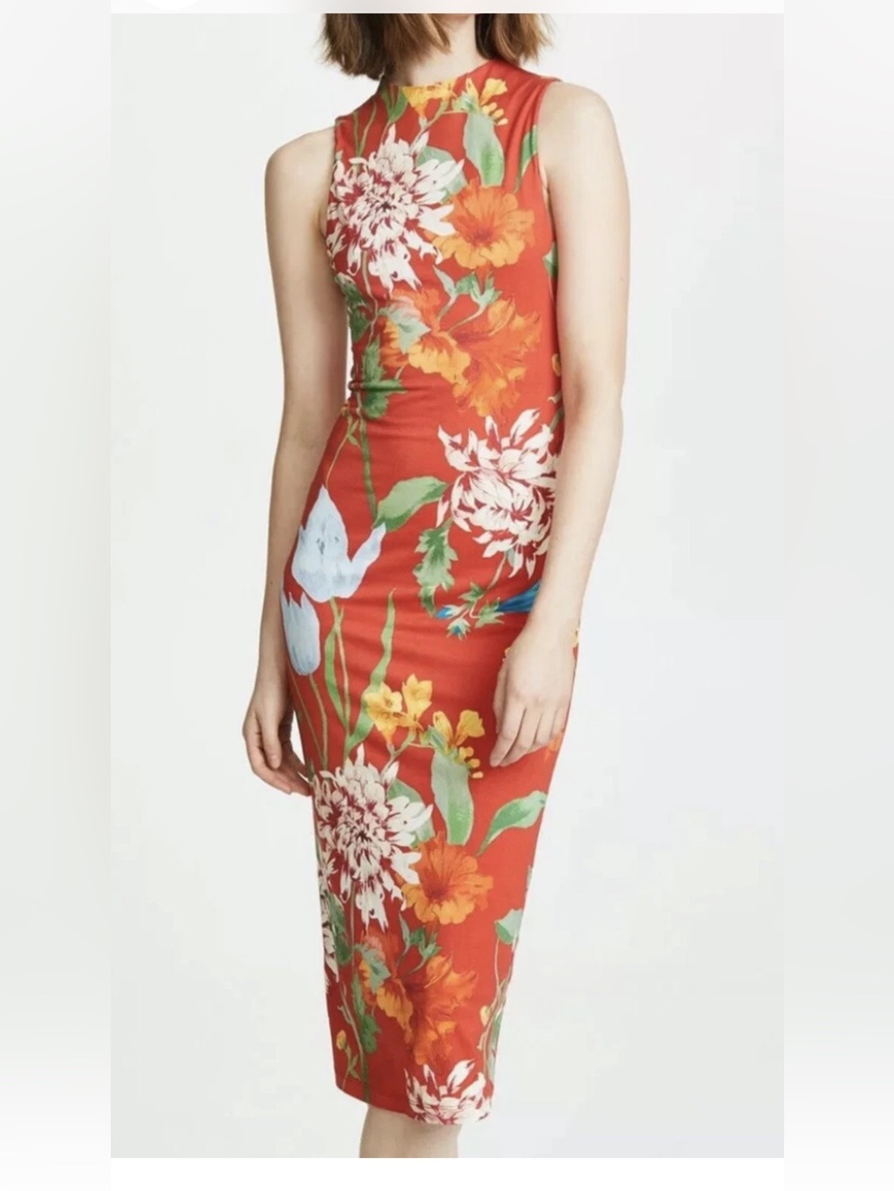 Alice + Olivia Delora Floral Print Midi Sheath Dress Bodycon Sleeveless Size 4 - Picture 1 of 13